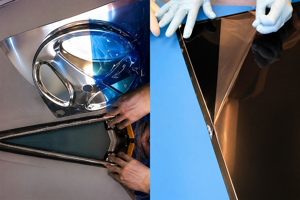 Applying protective film on a finished surface.