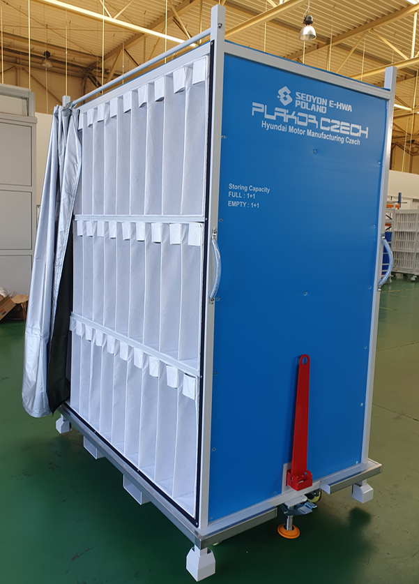 Industrial parts trolley with multi-row fabric pockets and custom printed side branding.